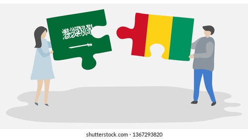 Couple holding two puzzles pieces with Saudi Arabian and Guinean flags. Saudi Arabia and Guinea national symbols together.