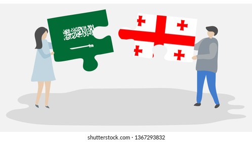 Couple holding two puzzles pieces with Saudi Arabian and Georgian flags. Saudi Arabia and Georgia national symbols together.