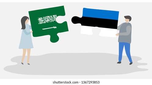 Couple holding two puzzles pieces with Saudi Arabian and Estonian flags. Saudi Arabia and Estonia national symbols together.