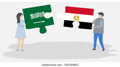 Couple holding two puzzles pieces with Saudi Arabian and Egyptian flags. Saudi Arabia and Egypt national symbols together.