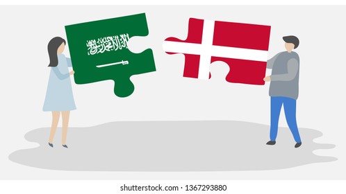Couple holding two puzzles pieces with Saudi Arabian and Danish flags. Saudi Arabia and Denmark national symbols together.