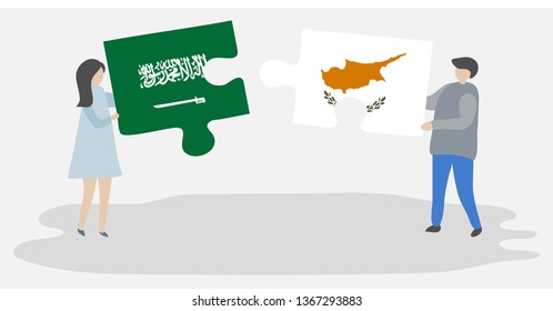Couple holding two puzzles pieces with Saudi Arabian and Cypriot flags. Saudi Arabia and Cyprus national symbols together.
