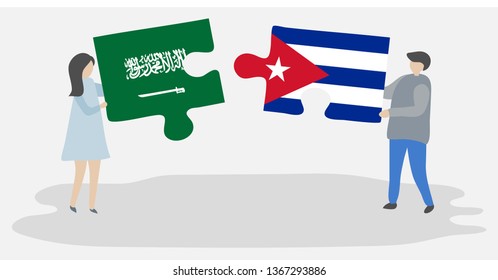 Couple holding two puzzles pieces with Saudi Arabian and Cuban flags. Saudi Arabia and Cuba national symbols together.