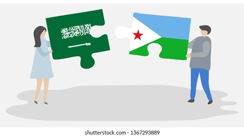 Couple holding two puzzles pieces with Saudi Arabian and Djiboutian flags. Saudi Arabia and Djibouti national symbols together.