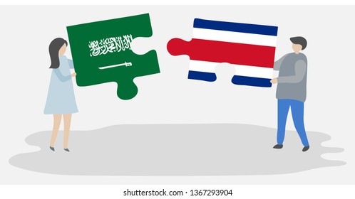Couple holding two puzzles pieces with Saudi Arabian and Costa Rican flags. Saudi Arabia and Costa Rica national symbols together.