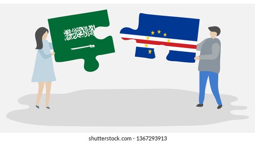 Couple holding two puzzles pieces with Saudi Arabian and Cabo Verdean flags. Saudi Arabia and Cape Verde national symbols together.