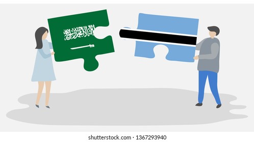 Couple holding two puzzles pieces with Saudi Arabian and Motswana flags. Saudi Arabia and Botswana national symbols together.