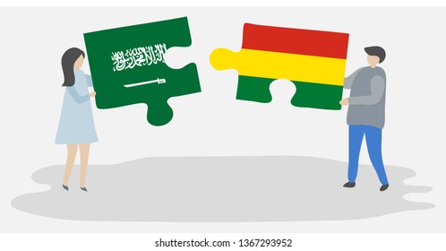 Couple holding two puzzles pieces with Saudi Arabian and Bolivian flags. Saudi Arabia and Bolivia national symbols together.