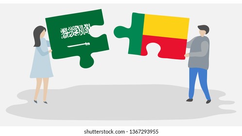 Couple holding two puzzles pieces with Saudi Arabian and Beninese flags. Saudi Arabia and Benin national symbols together.