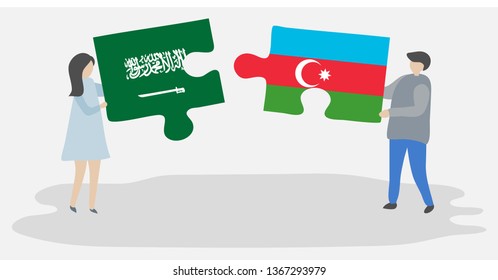 Couple holding two puzzles pieces with Saudi Arabian and Azerbaijani flags. Saudi Arabia and Azerbaijan national symbols together.