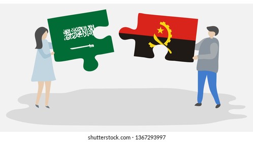 Couple holding two puzzles pieces with Saudi Arabian and Angolan flags. Saudi Arabia and Angola national symbols together.