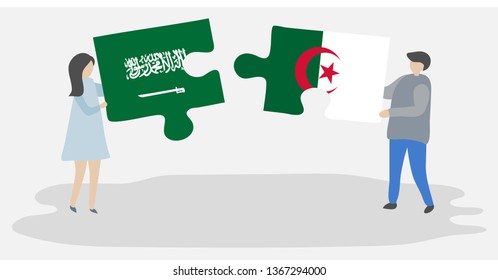 Couple holding two puzzles pieces with Saudi Arabian and Algerian flags. Saudi Arabia and Algeria national symbols together.