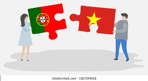 Couple holding two puzzles pieces with Portuguese and Vietnamese flags. Portugal and Vietnam national symbols together.