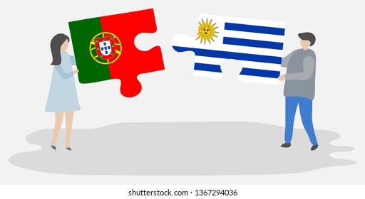 Couple holding two puzzles pieces with Portuguese and Uruguayan flags. Portugal and Uruguay national symbols together.