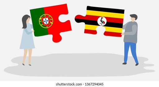 Couple holding two puzzles pieces with Portuguese and Ugandan flags. Portugal and Uganda national symbols together.