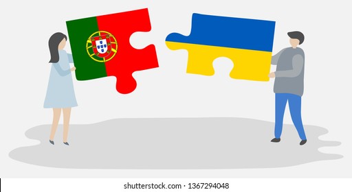 Couple holding two puzzles pieces with Portuguese and Ukrainian flags. Portugal and Ukraine national symbols together.