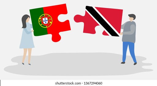 Couple holding two puzzles pieces with Portuguese and Trinidadian flags. Portugal and Trinidad and Tobago national symbols together.
