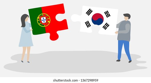Couple holding two puzzles pieces with Portuguese and South Korean flags. Portugal and South Korea national symbols together.