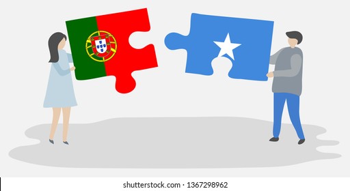 Couple holding two puzzles pieces with Portuguese and Somali flags. Portugal and Somalia national symbols together.