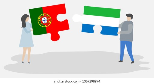 Couple holding two puzzles pieces with Portuguese and Sierra Leonean flags. Portugal and Sierra Leone national symbols together.