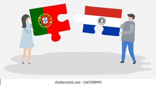 Couple holding two puzzles pieces with Portuguese and Paraguayan flags. Portugal and Paraguay national symbols together.