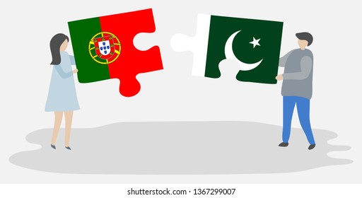 Couple holding two puzzles pieces with Portuguese and Pakistani flags. Portugal and Pakistan national symbols together.