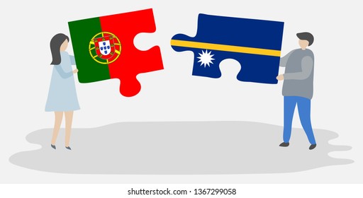 Couple holding two puzzles pieces with Portuguese and Nauruan flags. Portugal and Nauru national symbols together.