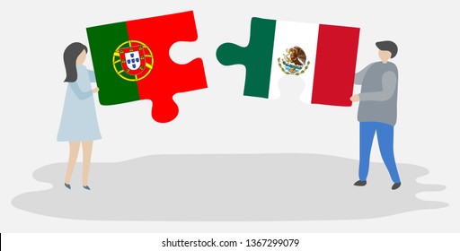 Couple holding two puzzles pieces with Portuguese and Mexican flags. Portugal and Mexico national symbols together.