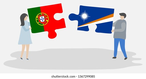 Couple holding two puzzles pieces with Portuguese and Marshallese flags. Portugal and Marshall Islands national symbols together.
