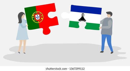 Couple holding two puzzles pieces with Portuguese and Basotho flags. Portugal and Lesotho national symbols together.