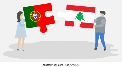 Couple holding two puzzles pieces with Portuguese and Lebanese flags. Portugal and Lebanon national symbols together.