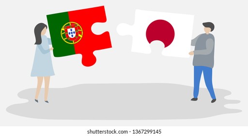 Couple holding two puzzles pieces with Portuguese and Japanese flags. Portugal and Japan national symbols together.
