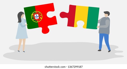 Couple holding two puzzles pieces with Portuguese and Guinean flags. Portugal and Guinea national symbols together.