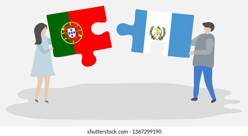 Couple holding two puzzles pieces with Portuguese and Guatemalan flags. Portugal and Guatemala national symbols together.