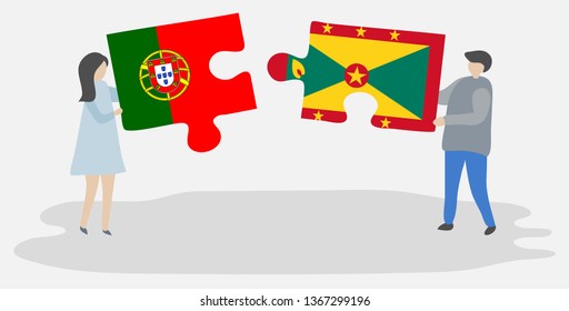 Couple holding two puzzles pieces with Portuguese and Grenadian flags. Portugal and Grenada national symbols together.
