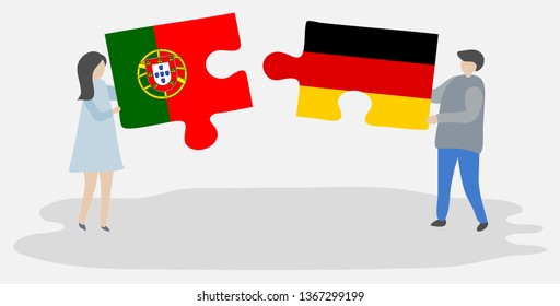 Couple holding two puzzles pieces with Portuguese and German flags. Portugal and Germany national symbols together.