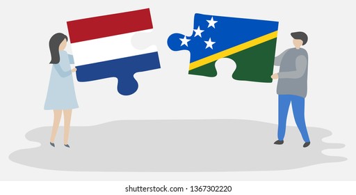 Couple holding two puzzles pieces with Dutch and Solomon Island flags. Netherlands and Solomon Islands national symbols together.
