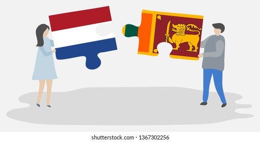 Couple holding two puzzles pieces with Dutch and Sri Lankan flags. Netherlands and Sri Lanka national symbols together.