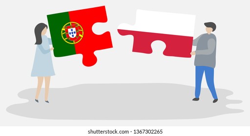 Couple holding two puzzles pieces with Portuguese and Polish flags. Portugal and Poland national symbols together.