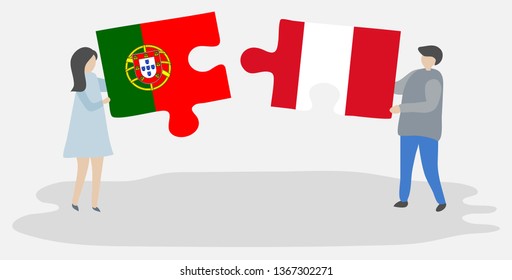 Couple holding two puzzles pieces with Portuguese and Peruvian flags. Portugal and Peru national symbols together.