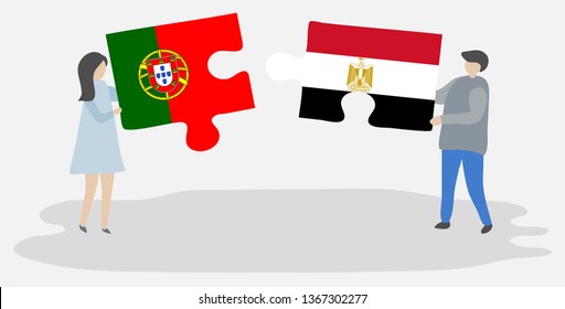 Couple holding two puzzles pieces with Portuguese and Egyptian flags. Portugal and Egypt national symbols together.