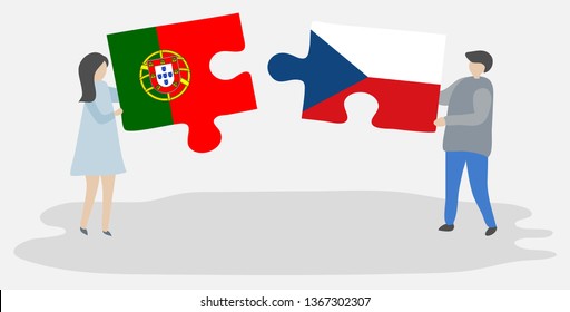 Couple holding two puzzles pieces with Portuguese and Czech flags. Portugal and Czech Republic national symbols together.