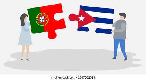 Couple holding two puzzles pieces with Portuguese and Cuban flags. Portugal and Cuba national symbols together.