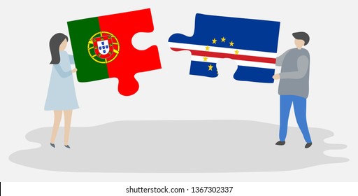 Couple holding two puzzles pieces with Portuguese and Cabo Verdean flags. Portugal and Cape Verde national symbols together.