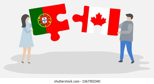 Couple holding two puzzles pieces with Portuguese and Canadian flags. Portugal and Canada national symbols together.