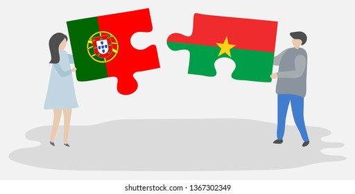 Couple holding two puzzles pieces with Portuguese and Burkinabe flags. Portugal and Burkina Faso national symbols together.