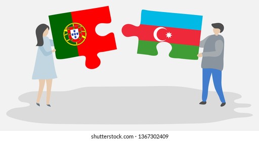 Couple holding two puzzles pieces with Portuguese and Azerbaijani flags. Portugal and Azerbaijan national symbols together.