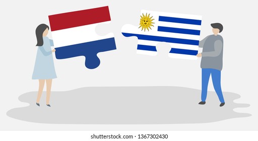 Couple holding two puzzles pieces with Dutch and Uruguayan flags. Netherlands and Uruguay national symbols together.