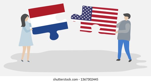 Couple holding two puzzles pieces with Dutch and American flags. Netherlands and United States of America national symbols together.