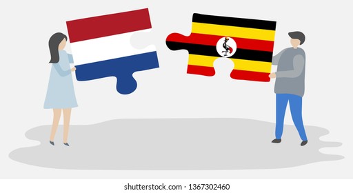 Couple holding two puzzles pieces with Dutch and Ugandan flags. Netherlands and Uganda national symbols together.